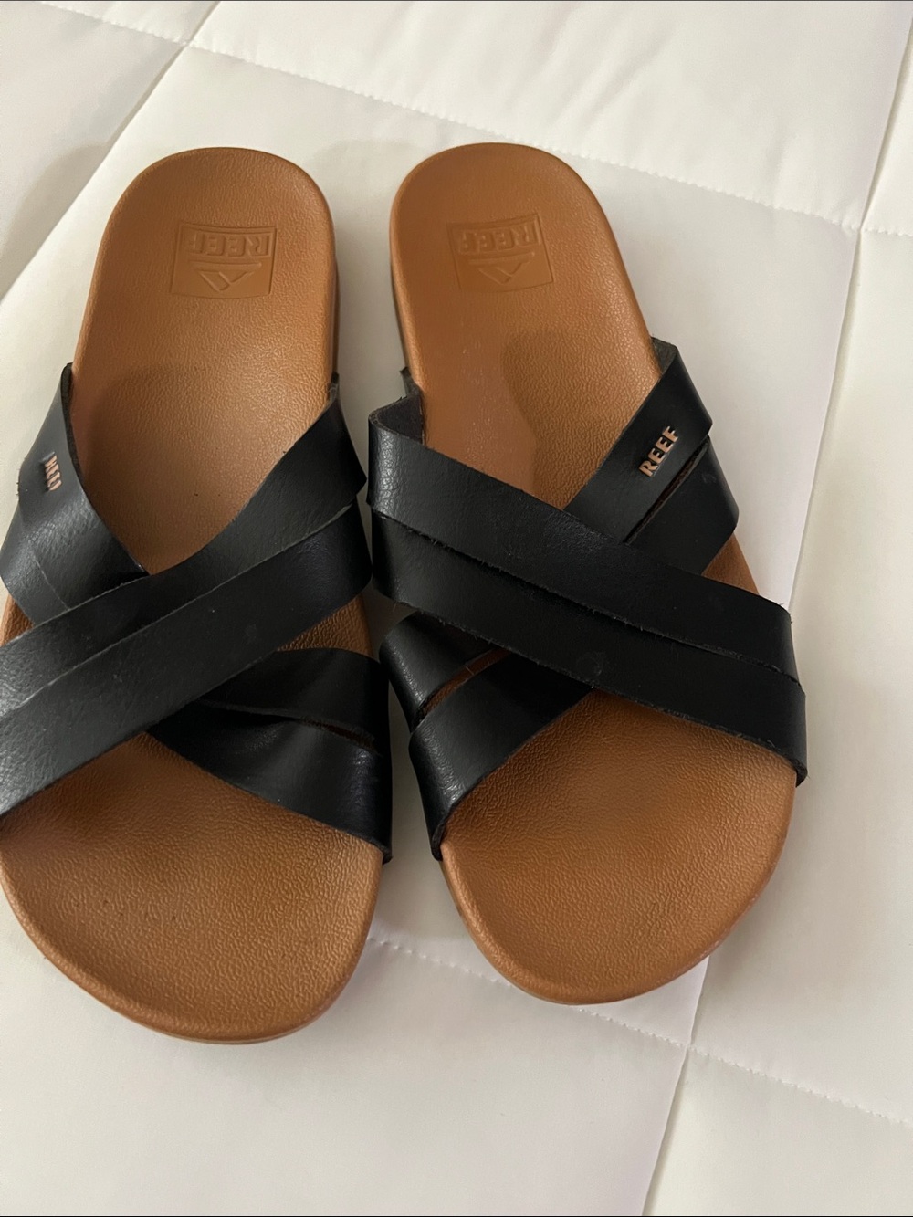 Reef Black Crisscross Strap Slide Sandals with Brown Footbed